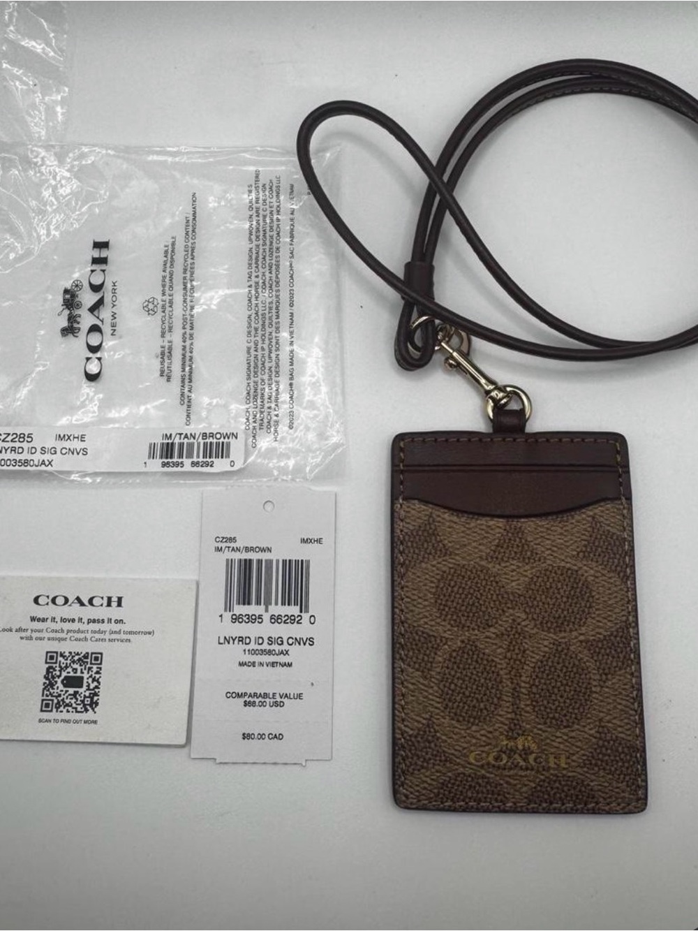 Coach Tan/Brown Signature Card Holder Lanyard